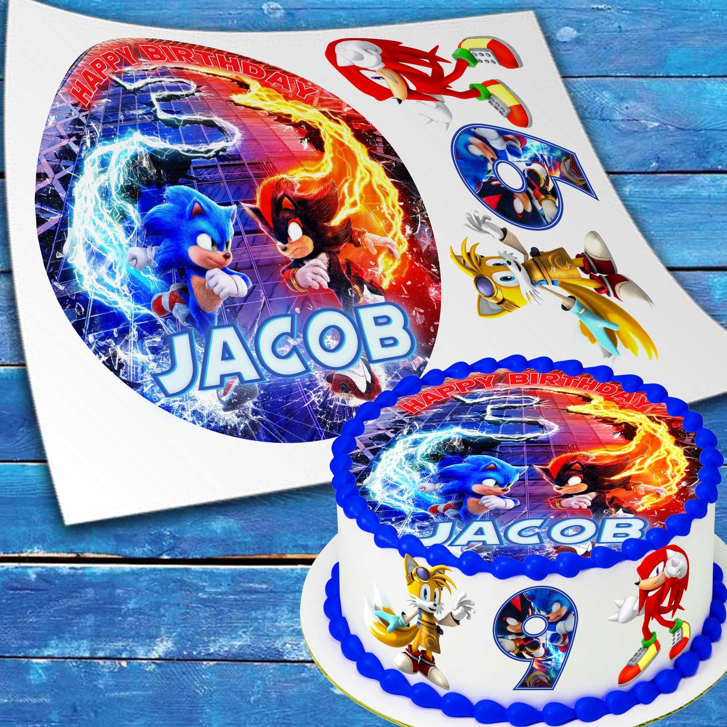 Four Sonic the Hedgehog edible cake toppers on sheet showing precut pieces with white border