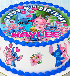 Set of 4 Stitch and Angel Cake Toppers – Edible, Precut on Wafer Paper, Sugar Sheet, or Uncut Chocotransfer