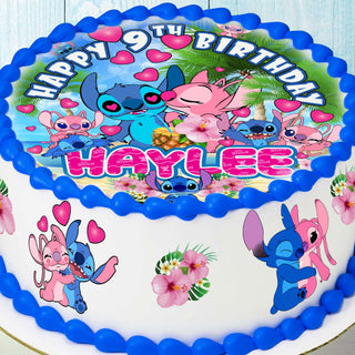 Set of 4 Stitch and Angel Cake Toppers – Edible, Precut on Wafer Paper, Sugar Sheet, or Uncut Chocotransfer