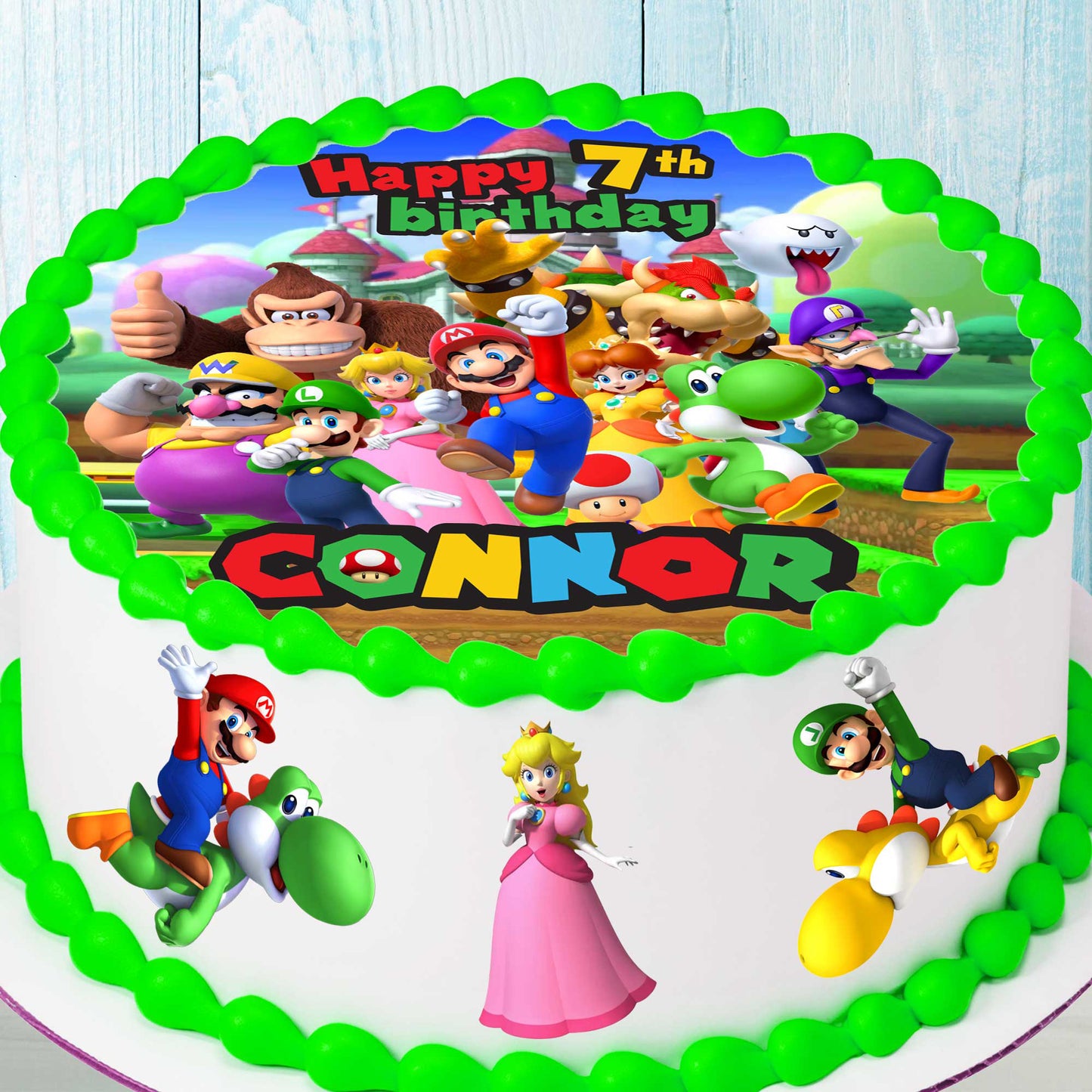 Sammlung von 4 vorgeschnittenen, essbaren Super Mario-Kuchendekorationen: Wählen Sie zwischen Oblatenpapier, Zuckerfolie oder ungeschnittenen Chocotransfer-Optionen.