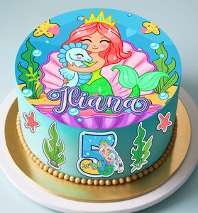 Set of 6 Little Mermaid and Seahorse Edible Cake Toppers - Precut on Wafer Paper, Sugar Sheet, or Chocotransfer without Cutting