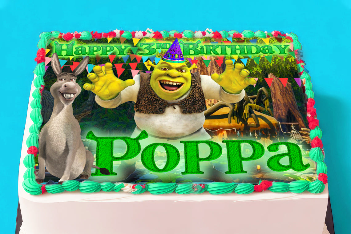 Shrek Birthday Themed Edible Cake Topper - Rectangular Design - Wafer Paper, Sugar Sheet, Chocotransfer