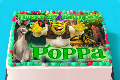 Shrek Birthday Themed Edible Cake Topper - Rectangular Design - Wafer Paper, Sugar Sheet, Chocotransfer