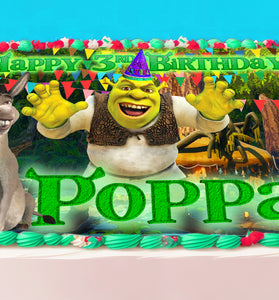 Shrek Birthday Themed Edible Cake Topper - Rectangular Design - Wafer Paper, Sugar Sheet, Chocotransfer