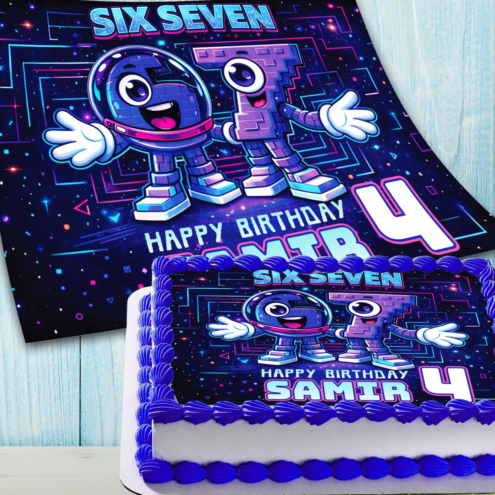 Six Seven birthday cake topper on cake, personalized edible image with name and age for kids party