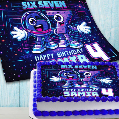 Six Seven birthday cake topper on cake, personalized edible image with name and age for kids party