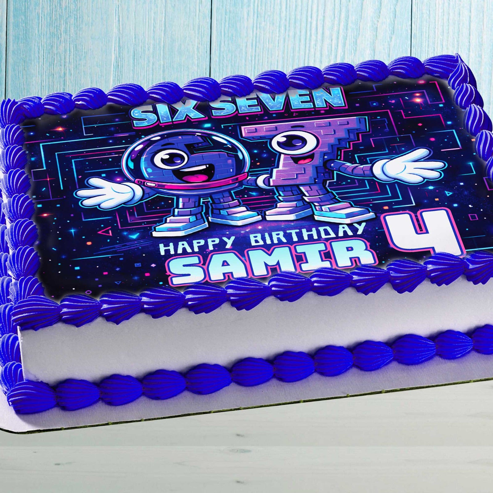 Personalized Six Seven cake topper with custom name and age, edible birthday cake decoration for kids