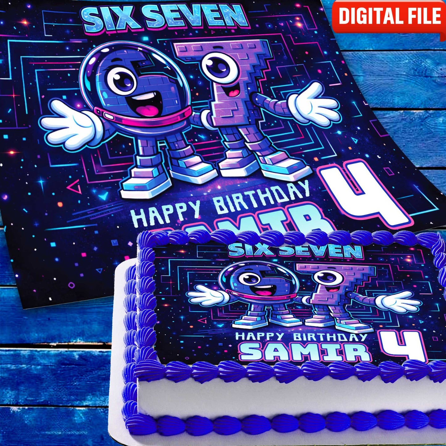 Six Seven birthday cake topper digital file, printable design for DIY cake decoration with name and age
