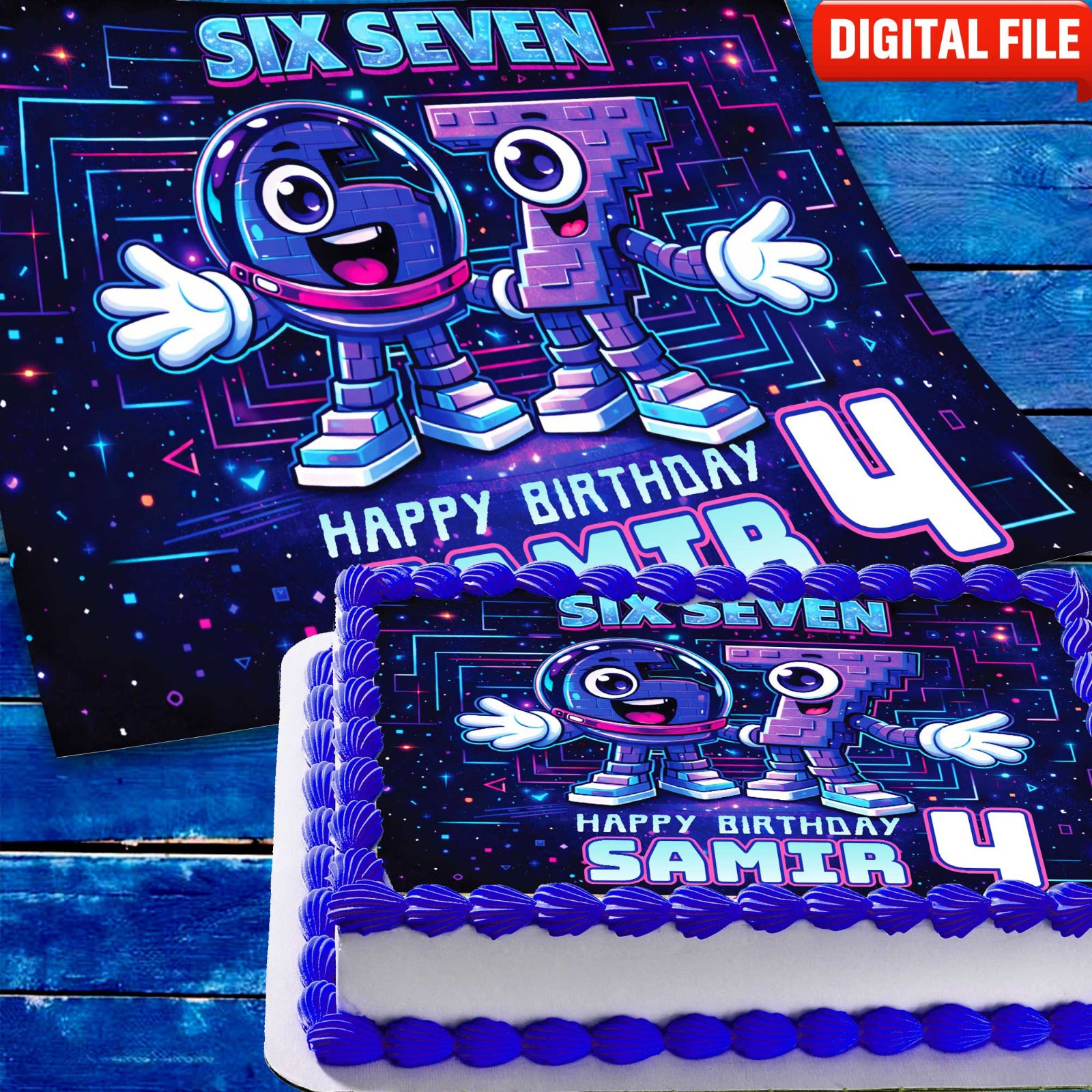 Six Seven birthday cake topper digital file, printable design for DIY cake decoration with name and age
