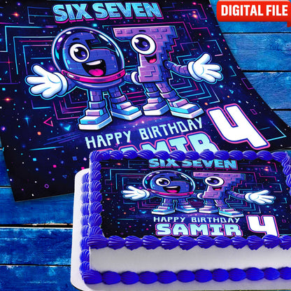 Six Seven birthday cake topper digital file, printable design for DIY cake decoration with name and age