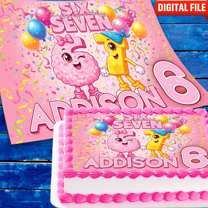 Six Seven birthday cake topper digital file, printable pink design for DIY cake decoration with name and age