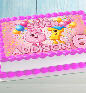 Six Seven birthday cake topper printable design with pink theme, personalized with name and age, shown on rectangular cake