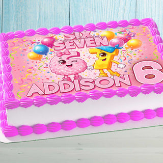 Six Seven birthday cake topper printable design with pink theme, personalized with name and age, shown on rectangular cake
