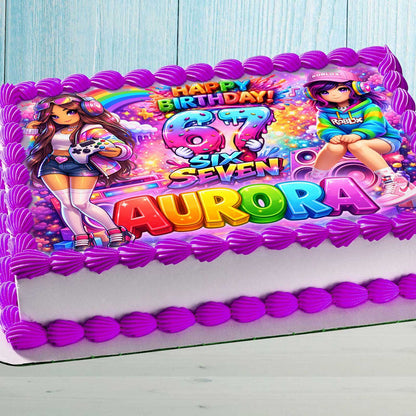 Six Seven Birthday Cake Topper – Roblox Gamer Girl Edible Image with Name & Age