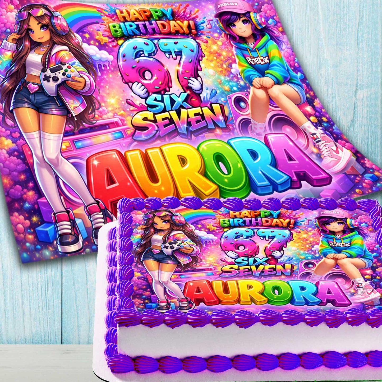 Six Seven Birthday Cake Topper – Roblox Gamer Girl Edible Image with Name & Age