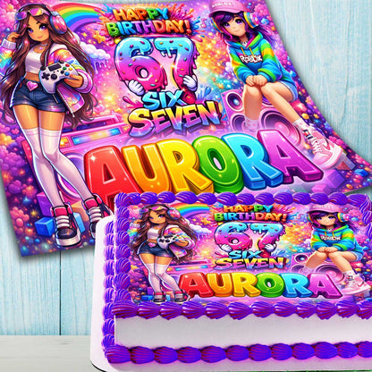 Six Seven Birthday Cake Topper – Roblox Gamer Girl Edible Image with Name & Age