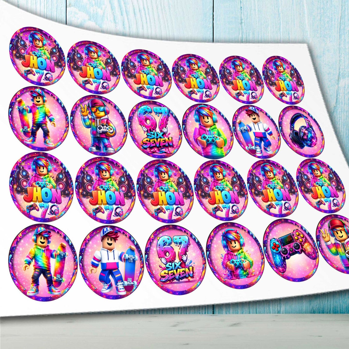 Set of 24 gamer themed edible cupcake toppers precut on sugar sheet with custom name and age