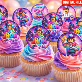 Six Seven Cupcake Toppers – Set of 24 Precut Gamer Edible Images cake topper digital file – custom name and age for birthday cake