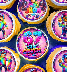 Six Seven gamer edible cupcake toppers set of 24 precut personalized images with name and age