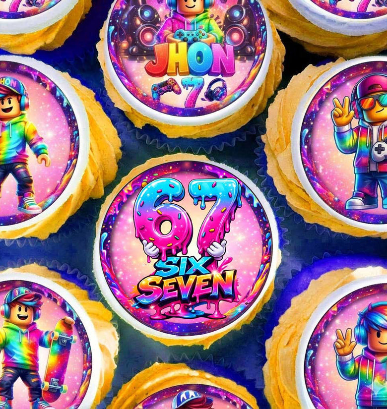 Six Seven gamer edible cupcake toppers set of 24 precut personalized images with name and age