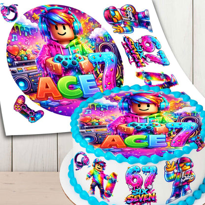 Six Seven Gamer Cake Toppers – Set of 6 Precut Edible Cupcake Toppers with Name & Age