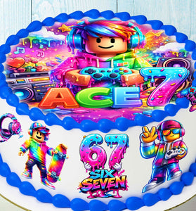 Six Seven Gamer Cake Toppers – Set of 6 Precut Edible Cupcake Toppers with Name & Age