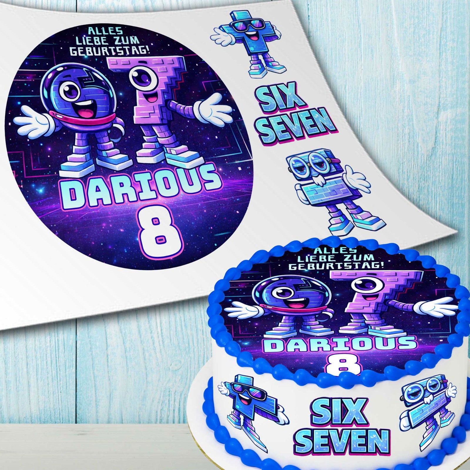 Six Seven gaming birthday edible print sheet showing 4 precut topper layout with name and age