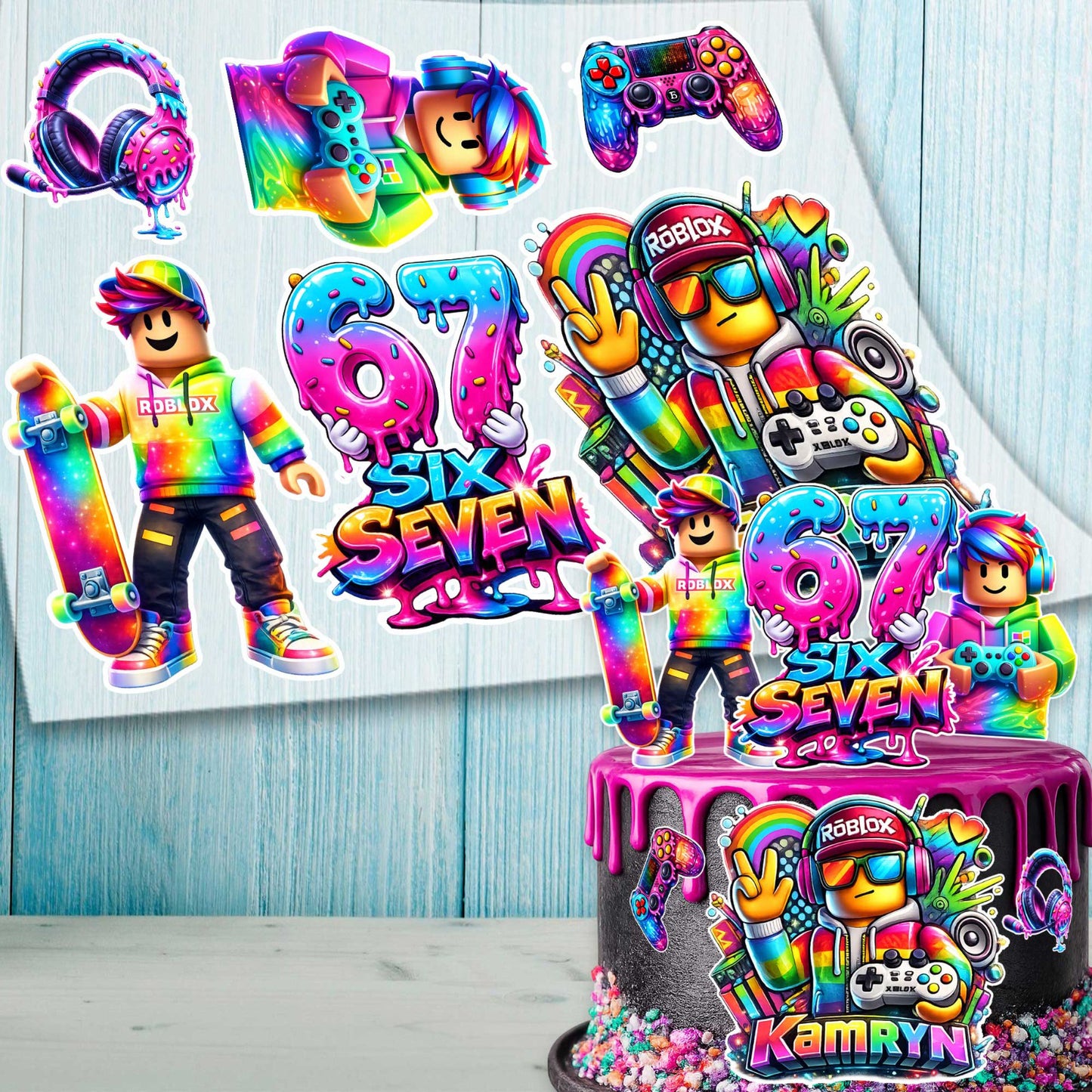 Six Seven gaming cake toppers set with rainbow gamer characters, number 67 and personalized name decoration