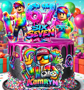 Six Seven gaming birthday cake topper with custom name Kamryn and number 67 rainbow party decoration