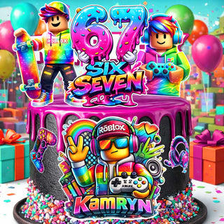 Six Seven gaming birthday cake topper with custom name Kamryn and number 67 rainbow party decoration