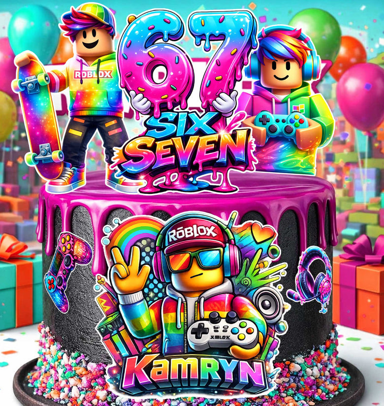 Six Seven gaming birthday cake topper with custom name Kamryn and number 67 rainbow party decoration