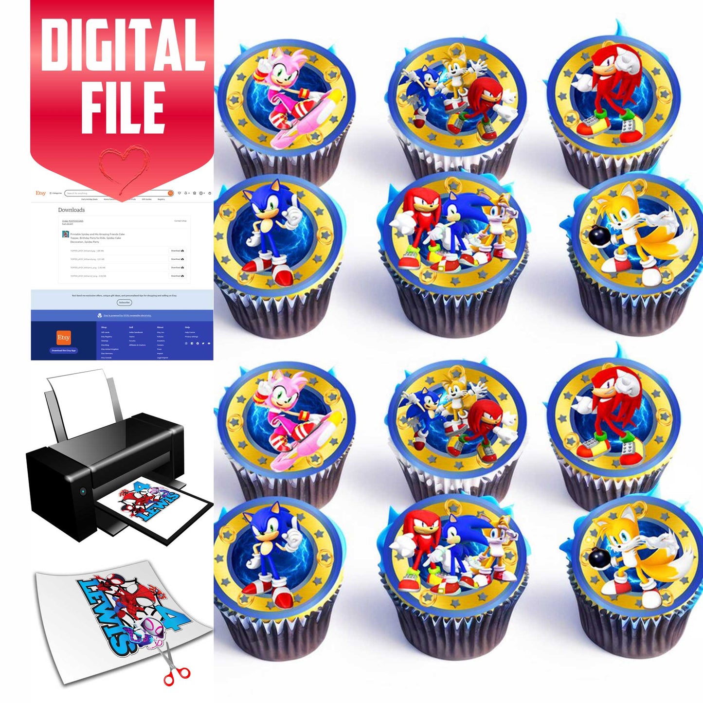 Sonic and Friends Cupcake Toppers - 24 Pre-Cut Pieces on Wafer Paper, Sugar Sheet, or without cutting Chocotransfer