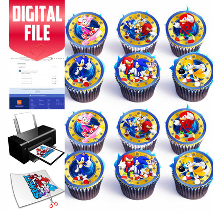 Sonic and Friends Cupcake Toppers - 24 Pre-Cut Pieces on Wafer Paper, Sugar Sheet, or without cutting Chocotransfer