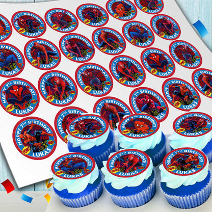 Edible Spider Man cupcake toppers with personalization 24 ready-made pieces - on waffle paper, sugar sheet or no-cut Chocotransfer