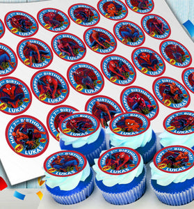 Edible Spider Man cupcake toppers with personalization 24 ready-made pieces - on waffle paper, sugar sheet or no-cut Chocotransfer