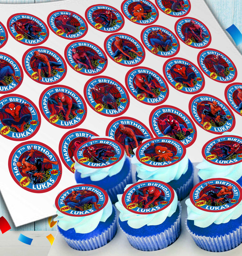 Edible Spider Man cupcake toppers with personalization 24 ready-made pieces - on waffle paper, sugar sheet or no-cut Chocotransfer