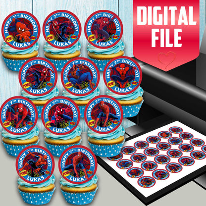 Edible Spider Man cupcake toppers with personalization 24 ready-made pieces - on waffle paper, sugar sheet or no-cut Chocotransfer