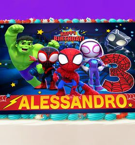 Spidey Birthday Themed Edible Cake Topper - Rectangular Design - Wafer Paper, Sugar Sheet, Chocotransfer