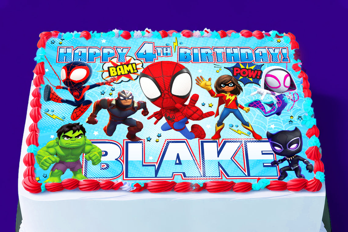 Jedlý dort s motivem Spidey Birthday – obdélníkový design – oplatkový papír, cukrový plát, čokotransfer