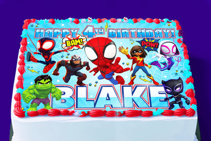 Spidey Birthday Themed Edible Cake Topper - Rectangular Design - Wafer Paper, Sugar Sheet, Chocotransfer