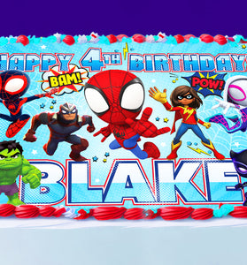 Spidey Birthday Themed Edible Cake Topper - Rectangular Design - Wafer Paper, Sugar Sheet, Chocotransfer