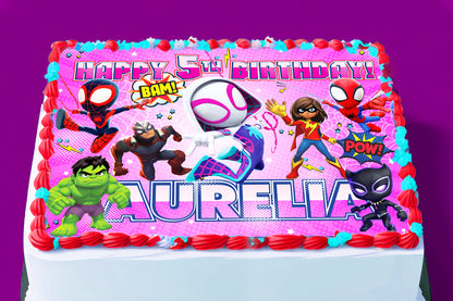 Jedlý dort s motivem Spidey Birthday – obdélníkový design – oplatkový papír, cukrový plát, čokotransfer