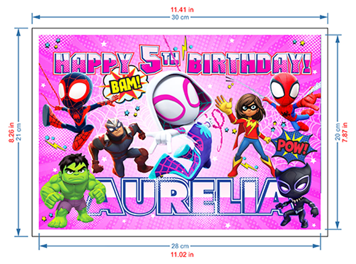 Jedlý dort s motivem Spidey Birthday – obdélníkový design – oplatkový papír, cukrový plát, čokotransfer