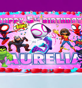 Spidey Birthday Themed Edible Cake Topper for Girls - Rectangular Design - Wafer Paper, Sugar Sheet, Chocotransfer