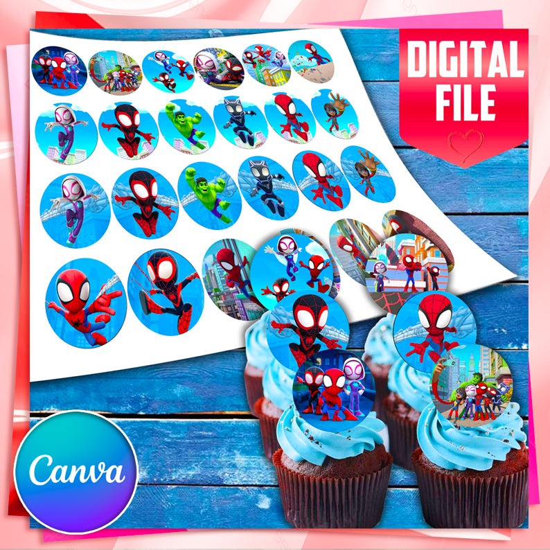 24 Spidey Edible Cupcake Toppers - Choose from Wafer Paper, Sugar Sheet, or Chocotransfer with No Cutting Required