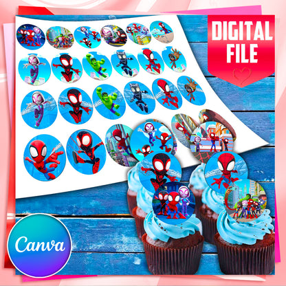 24 Spidey Edible Cupcake Toppers - Choose from Wafer Paper, Sugar Sheet, or Chocotransfer with No Cutting Required