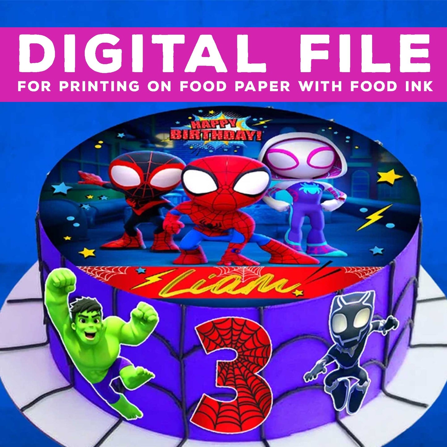 Set of 4 Spidey Edible Cake Toppers - Precut on Wafer Paper, Sugar Sheet, or without cutting Chocotransfer