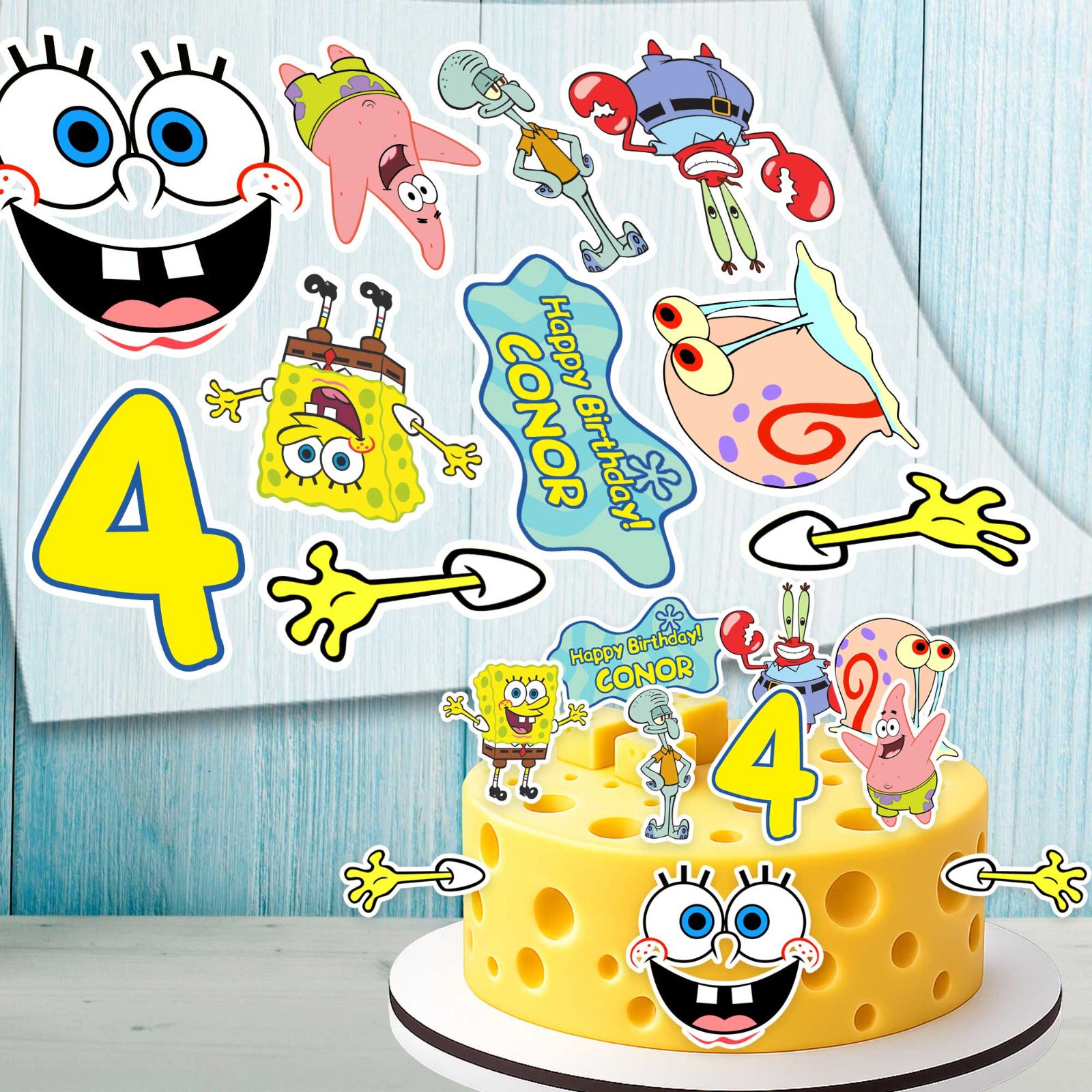 SpongeBob birthday cake topper set with SpongeBob, Patrick, Squidward, Mr. Krabs, Gary and custom age number 4