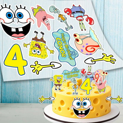 SpongeBob birthday cake topper set with SpongeBob, Patrick, Squidward, Mr. Krabs, Gary and custom age number 4
