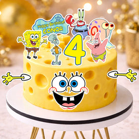 SpongeBob cake toppers set of 10 with personalized name on yellow cheese birthday cake
